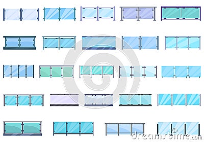 Glass banister balcony icons set cartoon vector. Rail fence Vector Illustration