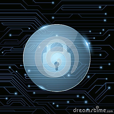 A glass banner with a locked lock against the background of a computer motherboard with luminous blue connectors. The system is pr Cartoon Illustration