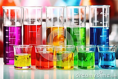 glass beakers filled with colorful cosmetics chemicals Stock Photo