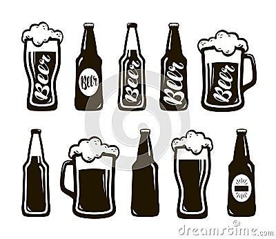 Glass of beer, ale, lager. Mug, bottle set of icons. Oktoberfest, restaurant, pub, bar symbol. Vector illustration Vector Illustration