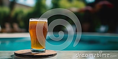 Glass of beer on the background of the pool with copy space, international beer day, AI generated Stock Photo