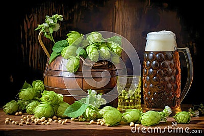 Glass of beer with barrel, bottle and fresh hops still-life Stock Photo