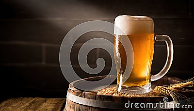 glass of beer on a barrel in a dark room Stock Photo