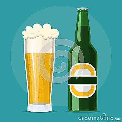 Glass of beer and bottle flat icon Vector Illustration