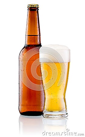 Glass of beer and Brown bottle with drops isolated Stock Photo