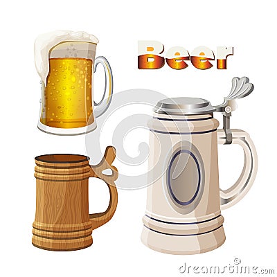 Glass beer cup with foam, ancient bavarian and wooden mug Vector Illustration