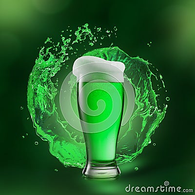 Glass of beer drink with green splash behind it. Stock Photo