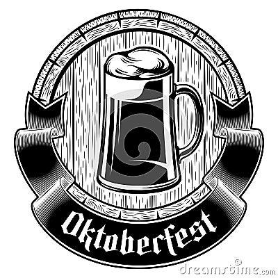 Beer Glass Mug Cup Emblem Oktoberfest Cask Barrel Ribbon Vector Illustration