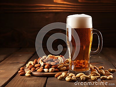 glass of beer with nuts on a wooden table Stock Photo
