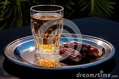 A glass of beer paired with some dates on a plate, offering a refreshing drink and a healthy snack option in one, Glass of water Stock Photo