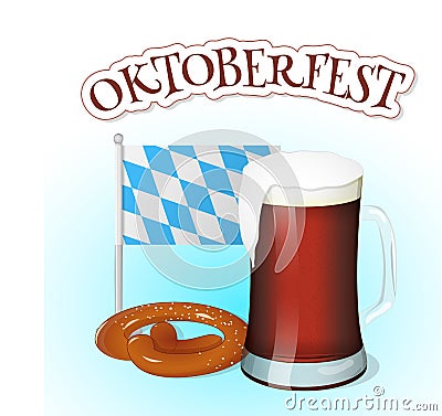 Glass of beer with pretzel, flag of Bavaria and lettering. Background for beer festival Oktoberfest in cartoon style Vector Illustration