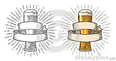 Glass beer with ribbon. Vector engraving color vintage Vector Illustration
