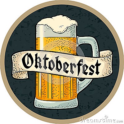 Glass beer with ribbon. Vector engraving color vintage. OktoberFest gothic lettering Vector Illustration