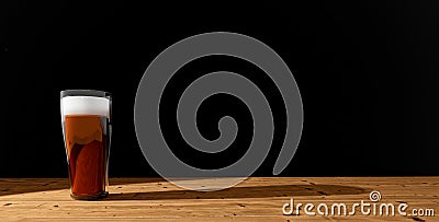 Glass of beer on a rustic wooden table on a black background. Liquors and beverages. 3d render Stock Photo
