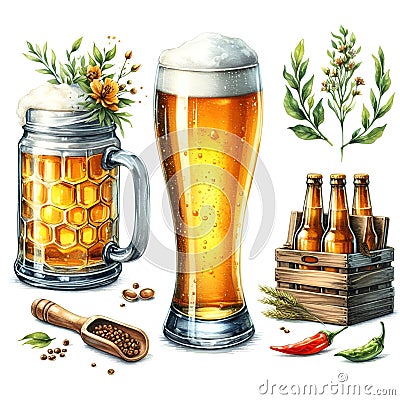 glass of beer watercolor paint for party card decor Stock Photo