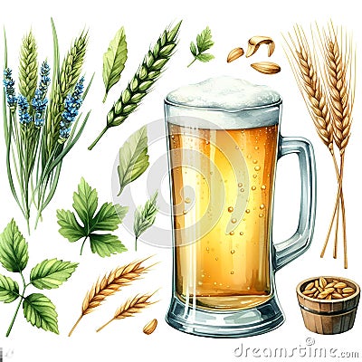 glass of beer watercolor paint for party card decor Stock Photo