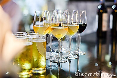 Glass of beer, wine and champagne in a bar Stock Photo