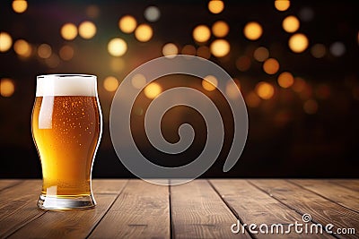 Glass of beer on wooden table over bokeh lights background. A glass of beer on a wooden board and blurred bar background.Free Stock Photo