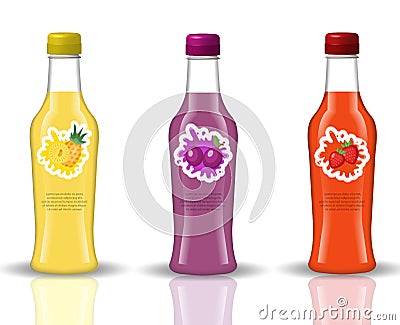 Glass beverage bottle set. Fresh juices, lemonade, drinks in a realistic, 3d style. Mock-up for your product design Vector Illustration