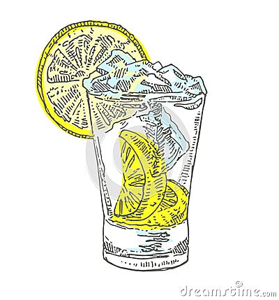 Glass of beverage with lemon slices, cold refreshing drink, isolated, close-up, vector illustration on white Vector Illustration