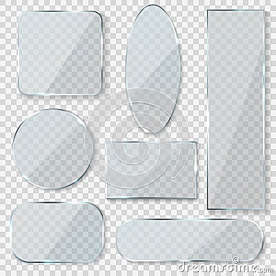 Glass blank banners. Rectangle circle glass texture window plastic clear labels with reflection acrylic shiny panels Vector Illustration