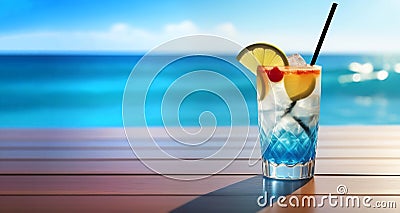 A glass of blue and white drink with a lime and cherry on top Stock Photo