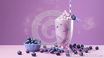 Glass of blueberry milk cocktail with whipped cream and saucer with blueberries. Stock Photo