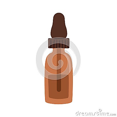 Glass bottle with abstract liquid and pipette. Transparent jar closed with eyedropper cap. Herbal natural essence fluid Vector Illustration