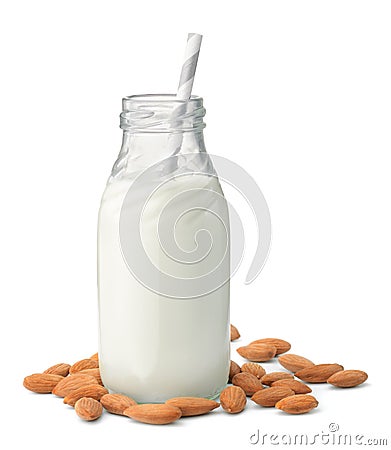 Glass bottle of almond milk Stock Photo