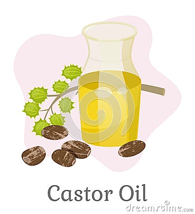 Castor Oil in Glass Bottle with Branch Vector Vector Illustration