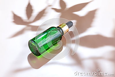 Glass Bottle of CBD or THC Oil with Hemp or Medical Cannabis Plant Leaves on beige Background with hemp leaves shadow Stock Photo