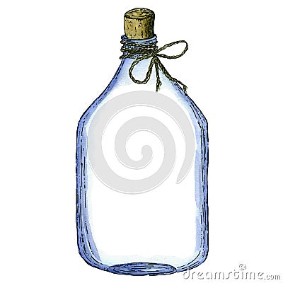 Glass bottle with cork and rope, isolate. Watercolor illustration. Cartoon Illustration