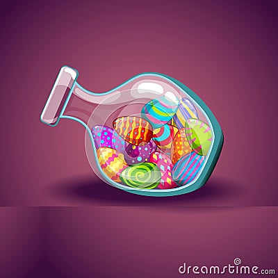 Glass bottle with cute cartoon Easter eggs Vector Illustration