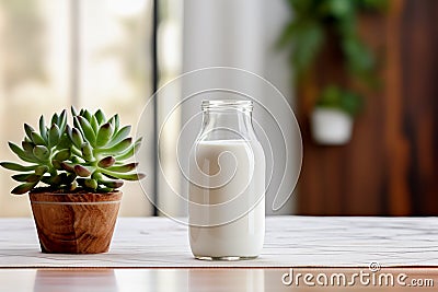 A glass bottle of fresh milk in a modern-style kitchen with live green plants. Stock Photo