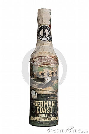 Glass bottle of German coast Double ipa isolated on white background. Editorial Stock Photo