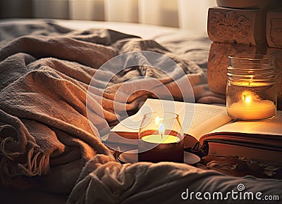 A glass bottle of home perfume stands adorned with wooden sticks, emanating a soothing fragrance. Scented candles emit Stock Photo