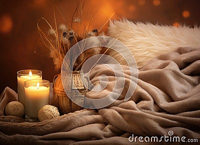 A glass bottle of home perfume stands adorned with wooden sticks, emanating a soothing fragrance. Scented candles emit Stock Photo