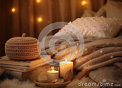 A glass bottle of home perfume stands adorned with wooden sticks, emanating a soothing fragrance. Scented candles emit Stock Photo