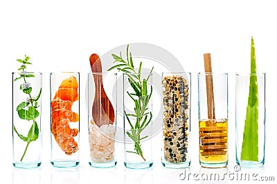 The glass bottle of homemade skin care and body scrubs with natural ingredients aloe vera ,himalayan salt Stock Photo