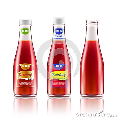 Glass bottle with ketchup, tomato juice or sauce. Package design template. Theme of food and drinks. Vector realistic 3d Vector Illustration