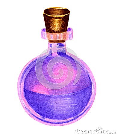 Glass bottle with magic violet purple love potion with wooden cork. Watercolor markers hand drawn illustration in realistic Cartoon Illustration