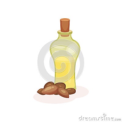 Glass bottle of organic almond oil and heap of nuts. Natural product used in culinary and cosmetics. Flat vector icon Vector Illustration