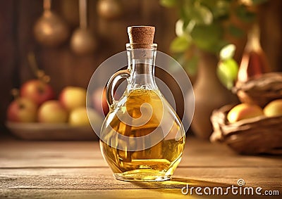 Glass bottle of organic apple vinegar on wooden table with ripe apples.Macro.AI Generative Stock Photo