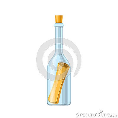 Glass bottle with paper roll. Message on paper, secret message. Vector Illustration