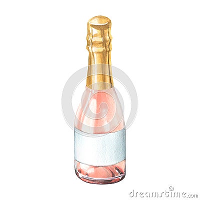 A glass bottle with pink wine or champagne, closed with golden foil and an empty white label. Watercolor illustration Cartoon Illustration