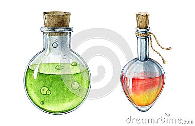 Glass bottle with potion hand painted set. Watercolor illustration. Acid liquid in a vintage style bottle with wooden Cartoon Illustration