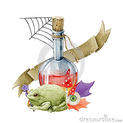 Glass bottle with potion, toad, forest mushrooms, vintage tag decor. Watercolor illustration. Halloween spooky Cartoon Illustration