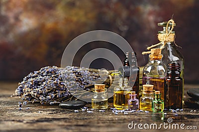 Glass bottles with aroma oil Stock Photo