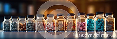 Glass bottles with colorful medicine. Liquid potions and candy in jars. Medical dose medication. Stock Photo