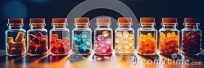 Glass bottles with colorful medicine. Liquid potions and candy in jars. Medical dose medication. Stock Photo